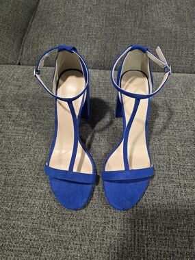 le chateau Cobalt Blue Suede T-Strap Block Heel Sandals